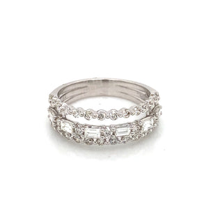 14K White Gold Three Row Baguette & Round Diamond Ring