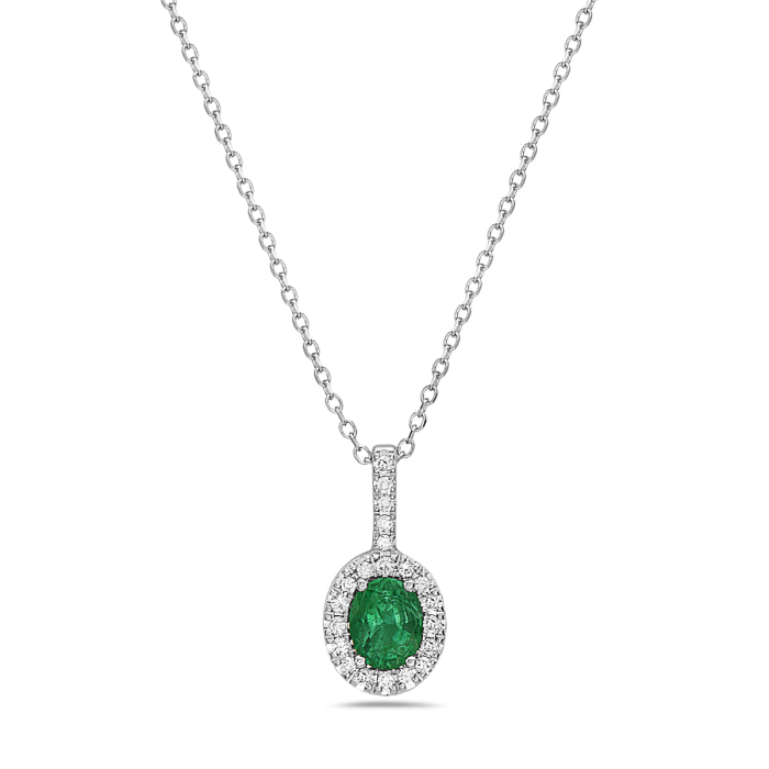 14K White Gold Emerald & Diamond Halo Oval Necklace
