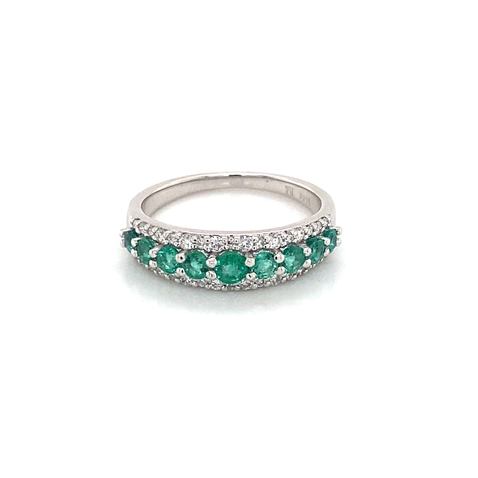 14K White Gold Three Row Emerald & Diamond Ring
