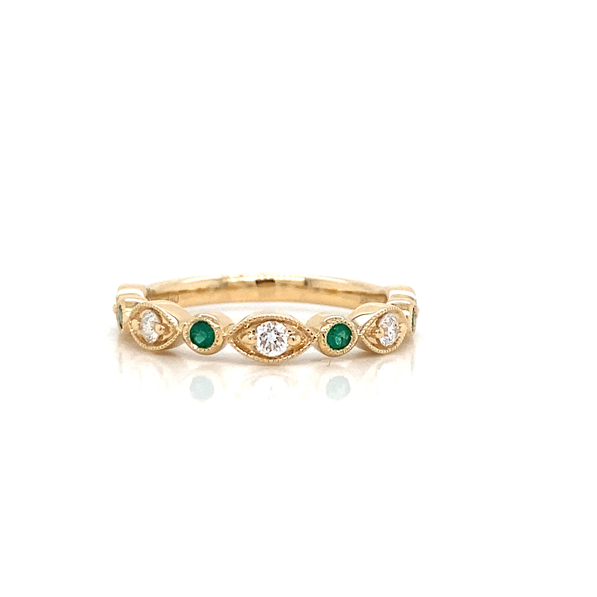 14K Yellow Gold Emerald & Diamond Milgrain Ring