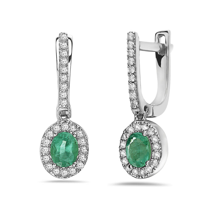 14K White Gold Emerald & Diamond Halo Drop Earrings
