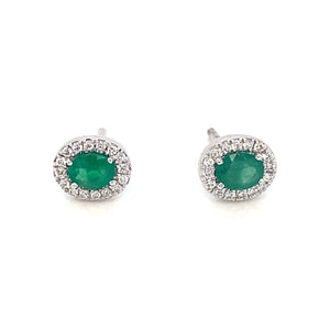 14K White Gold Emerald & Diamond Halo Stud Earrings