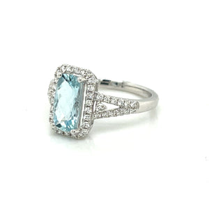 14K White Gold Aquamarine & Diamond Halo with Split Shank Ring