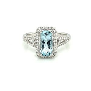 14K White Gold Aquamarine & Diamond Halo with Split Shank Ring