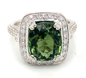 18K White Gold Green Tourmaline & Diamond Halo Ring