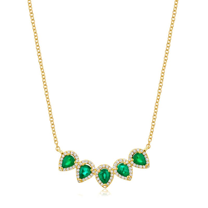 14K Yellow Gold Pear Shape Emerald & Diamond Halo Necklace