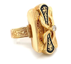 14K Yellow Gold Vintage Engraved & Black Enamel Ring