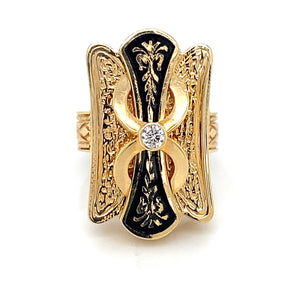 14K Yellow Gold Vintage Engraved & Black Enamel Ring