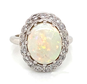 14K White Gold Opal & Diamond Halo Ring