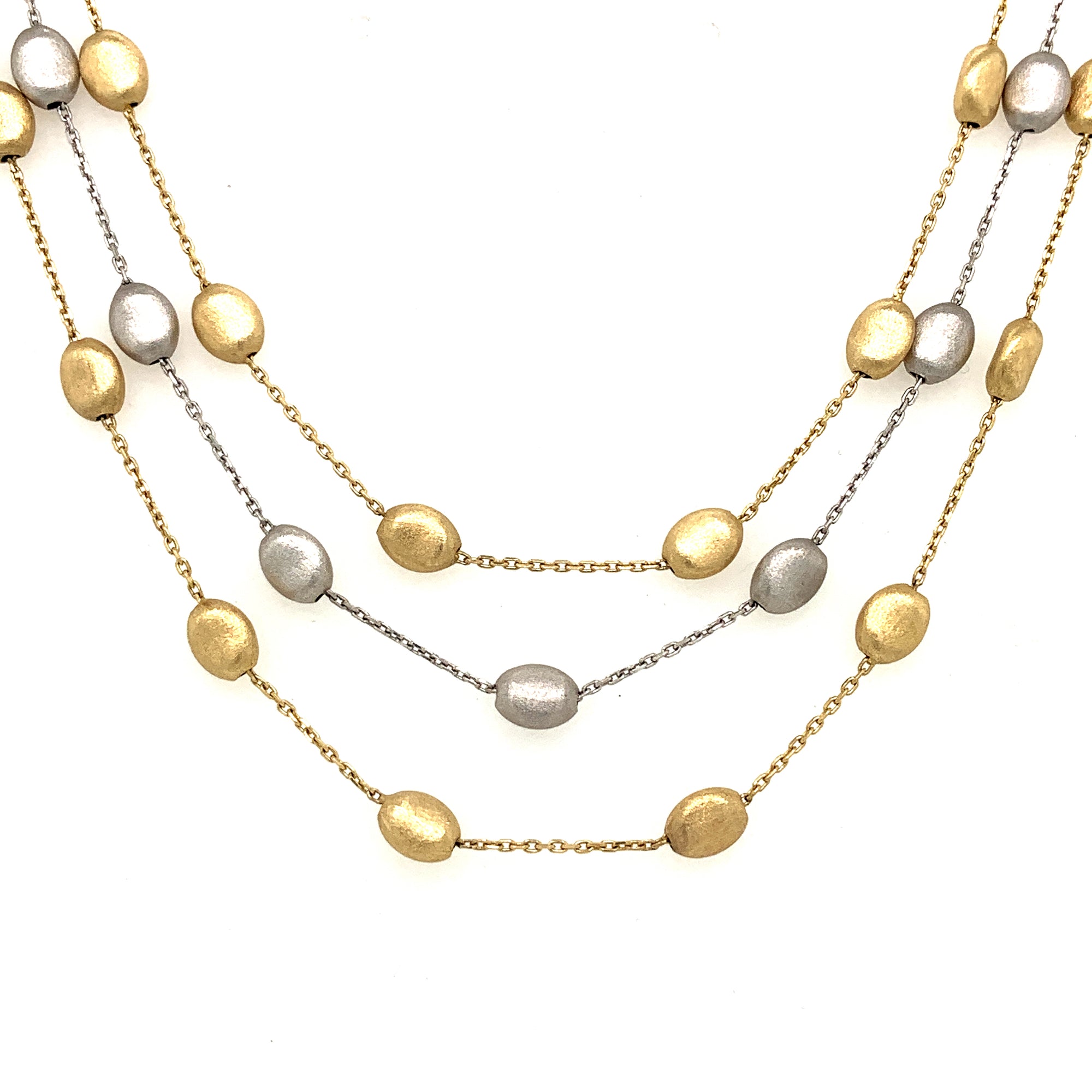 14K Yellow & White Gold Three Layer Bean Necklace with Matte Finish