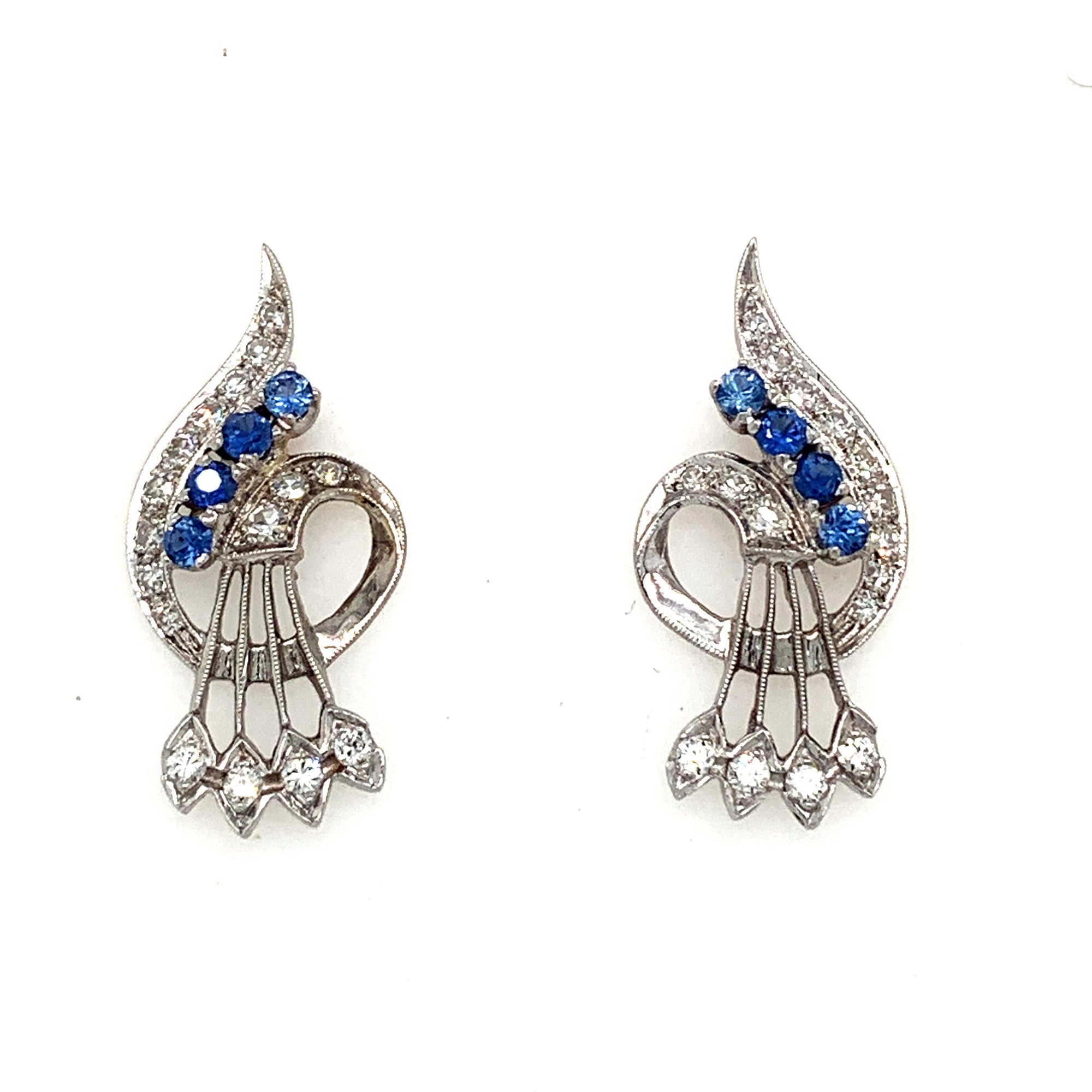 14K White Gold Diamond & Sapphire Vintage Earrings