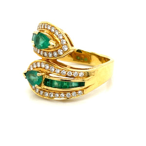 18K Yellow Gold Emerald & Diamond Bypass Ring