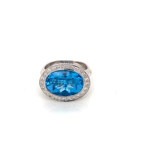 18K White Gold Oval Swiss Blue Topaz & Diamond Halo Ring