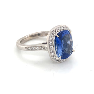 14K White Gold Cushion Cut Ceylon Color Sapphire & Diamond Halo Ring