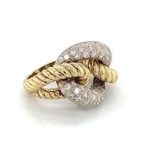 18K Yellow & White Gold Cable Twist & Pave Diamond Interwoven Ring