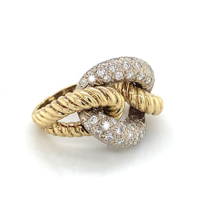 18K Yellow & White Gold Cable Twist & Pave Diamond Interwoven Ring