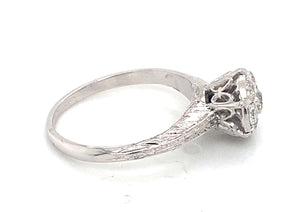 14K White Gold Vintage Cluster Diamond Engraved Engagement Ring