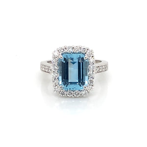 18K White Gold Emerald Cut Aquamarine & Diamond Halo Ring