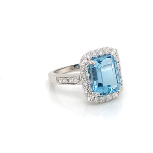 18K White Gold Emerald Cut Aquamarine & Diamond Halo Ring