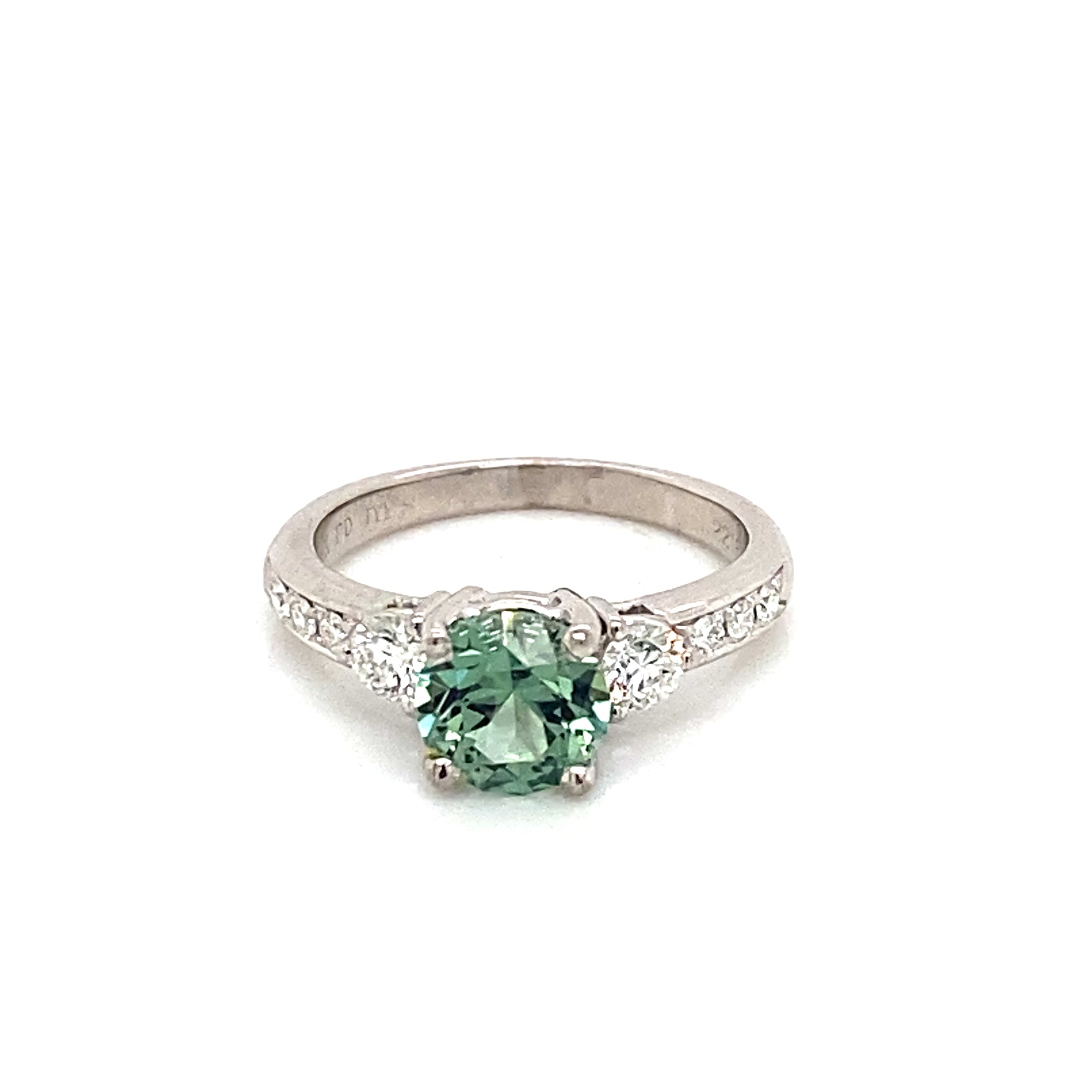 18K White Gold Green Sapphire & Diamond Three Stone Ring