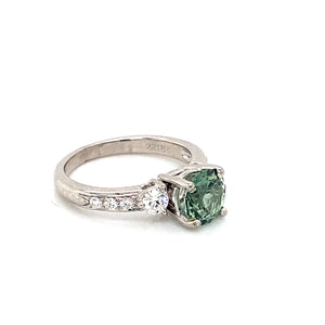 18K White Gold Green Sapphire & Diamond Three Stone Ring