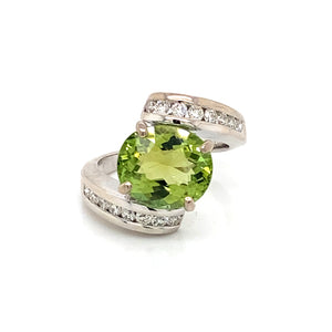 14K White Gold Oval Green Tourmaline & Diamond Bypass Ring