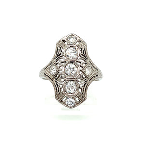 18K White Gold Vintage Old Mine Diamond Shield Ring