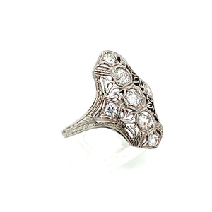 18K White Gold Vintage Old Mine Diamond Shield Ring