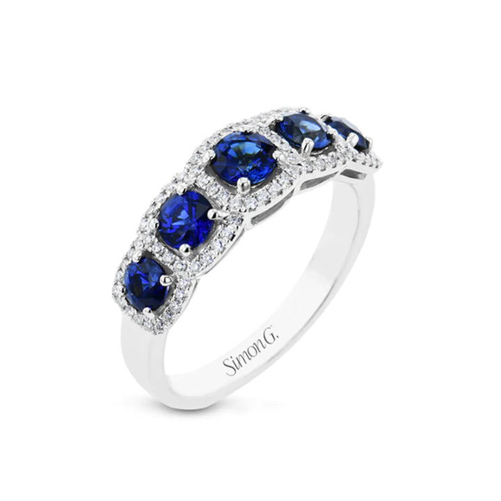 18K White Gold Five Stone Sapphire & Diamond Halo Ring by Simon G. Jewelry