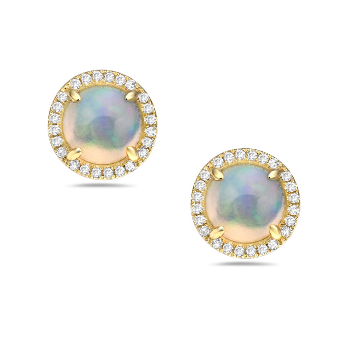 14K Yellow Gold Opal & Diamond Halo Stud Earrings