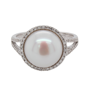 14K White Gold Pearl Ring with Diamond Halo & Split Shank