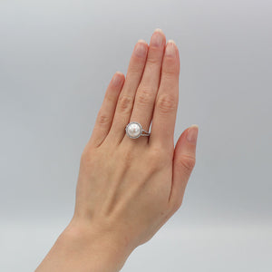 14K White Gold Pearl Ring with Diamond Halo & Split Shank