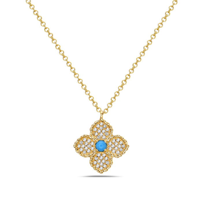 14K Yellow Gold Turquoise & Diamond Clover Necklace
