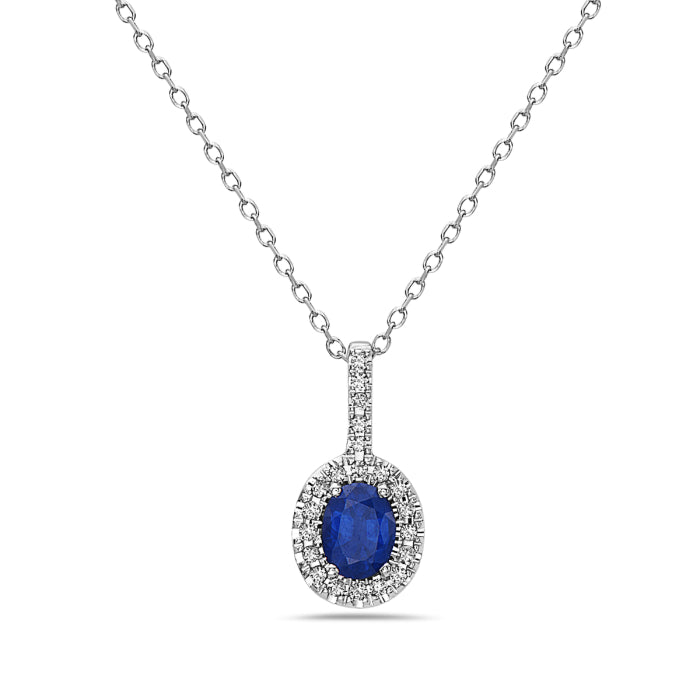 14K White Gold Sapphire & Diamond Halo Oval Necklace