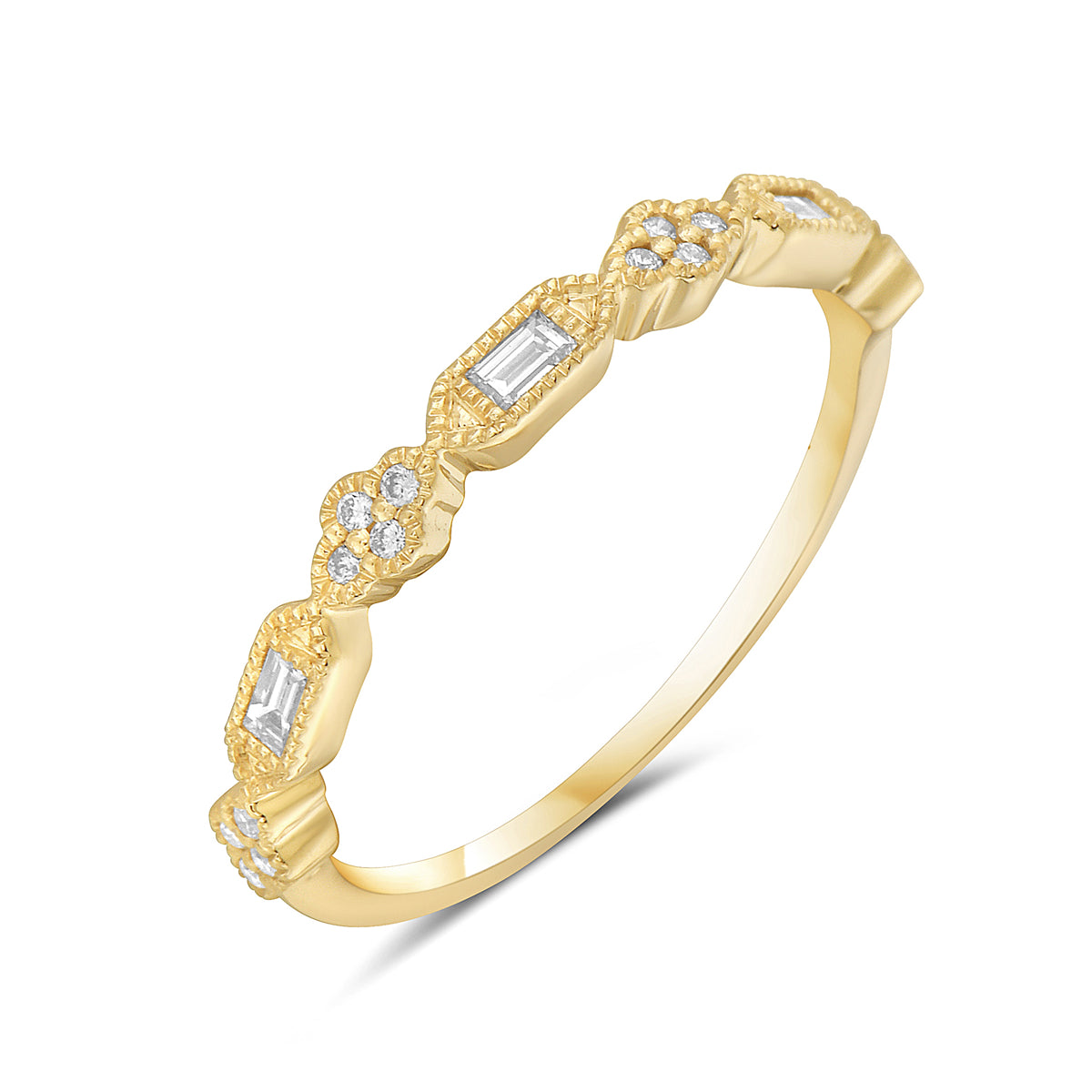 14K Yellow Gold Thin Diamond & Milgrain Ring