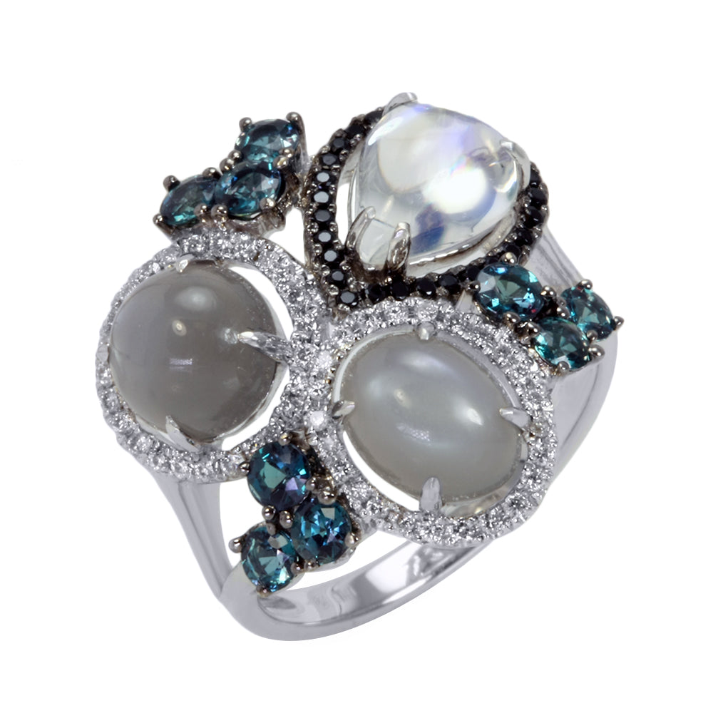 18K White Gold Moonstone, Alexandrite & Diamond Fashion Ring