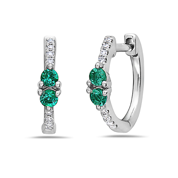 14K White Gold Emerald & Diamond Small Hoop Earrings