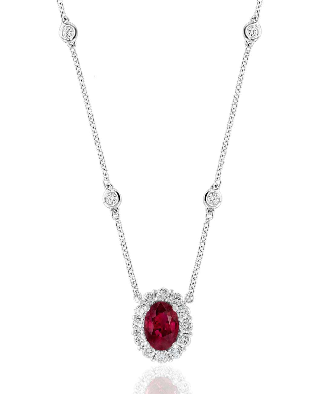 18K White Gold Diamond By The Yard Ruby And Diamond Halo Necklace