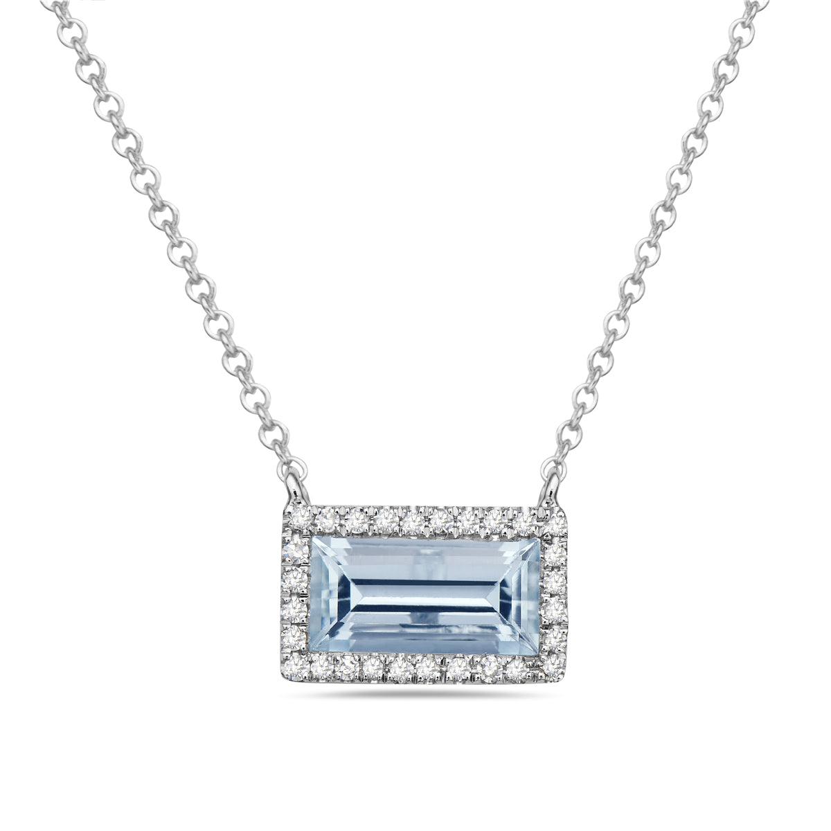 14K White Gold Aquamarine & Diamond Emerald Cut Halo Necklace