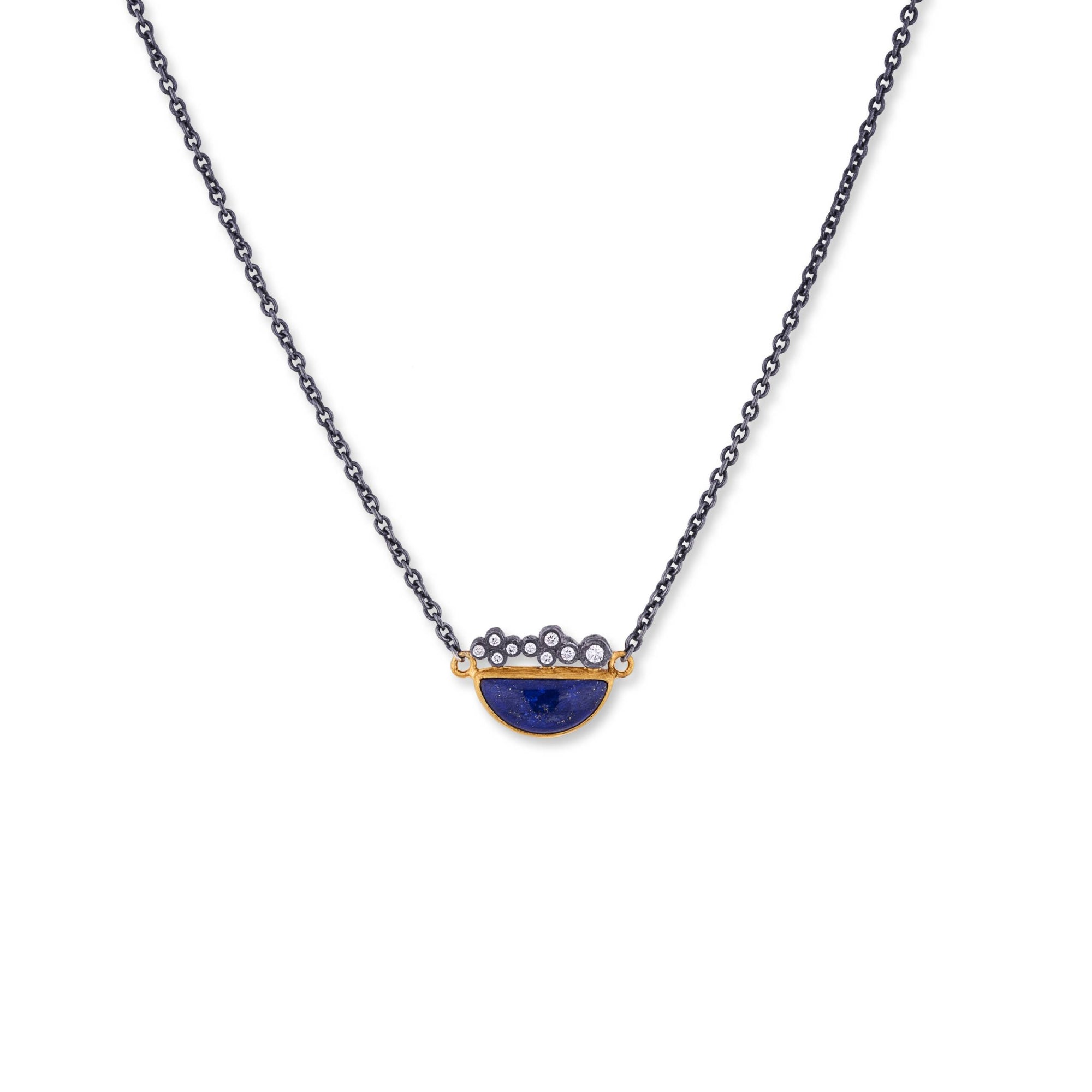 Lika Behar 24K Gold & Oxidized Silver “Dylan Half Moon” Lapis & Diamond Necklace