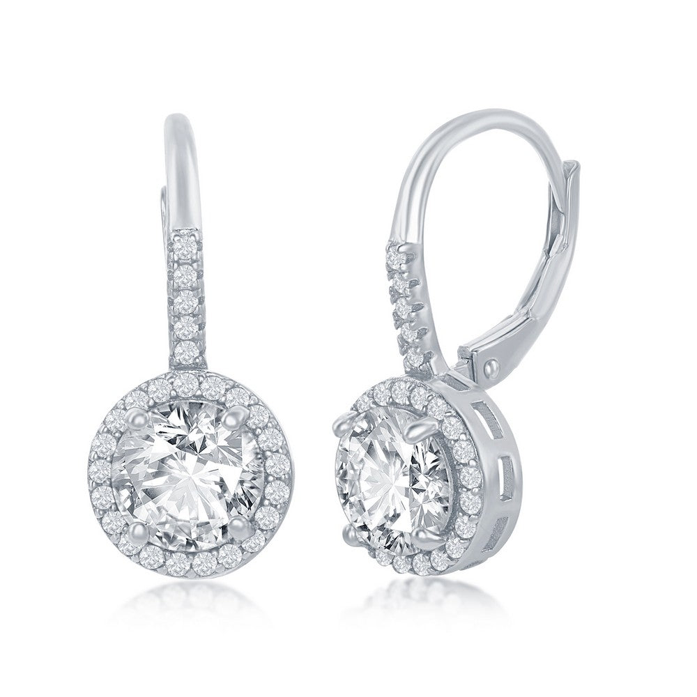 Sterling Silver Round Cubic Zirconia Halo Drop Earrings