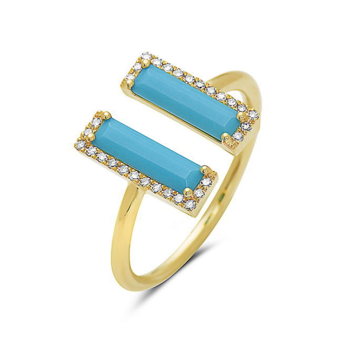 14K Yellow Gold Turquoise & Diamond Open Cuff Ring