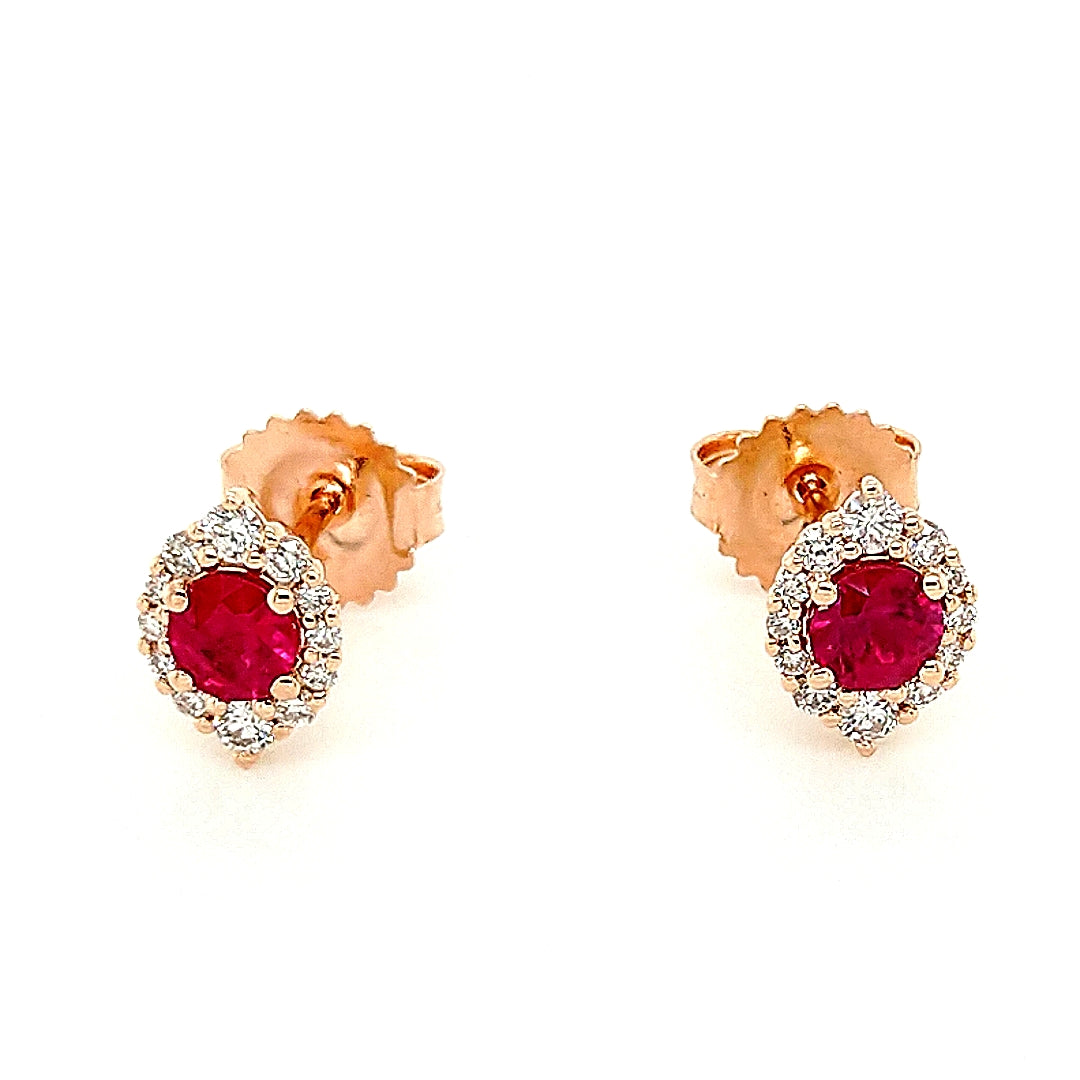 14K Rose Gold Ruby & Diamond Halo Stud Earrings