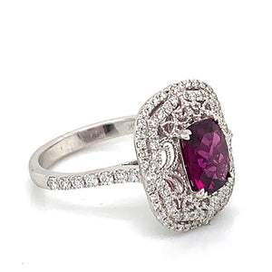 14K White Gold Cushion Cut Rhodolite Garnet & Double Row Diamond Halo Filigree Ring