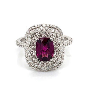 14K White Gold Cushion Cut Rhodolite Garnet & Double Row Diamond Halo Filigree Ring