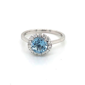 14K White Gold Aquamarine & Diamond Halo Round Ring