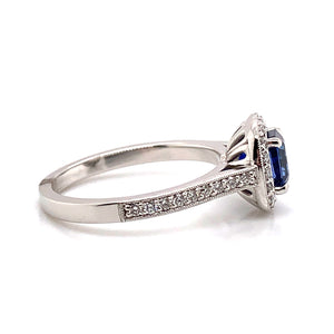 14K White Gold Custom Made Fine Royal Blue Sapphire & Diamond Ring