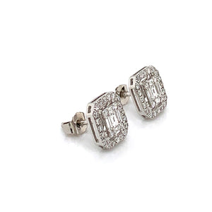 14K White Gold Diamond Cluster Emerald Shape Halo Stud Earrings