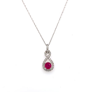 14K White Gold Ruby & Diamond Halo Necklace