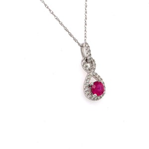 14K White Gold Ruby & Diamond Halo Necklace